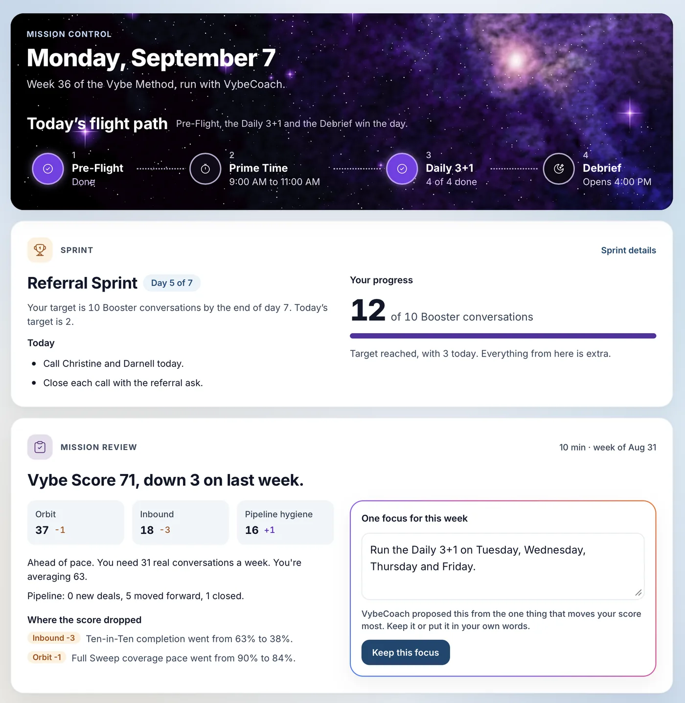 VybeCoach Mission Control with the day’s flight path, a referral sprint and the weekly mission review