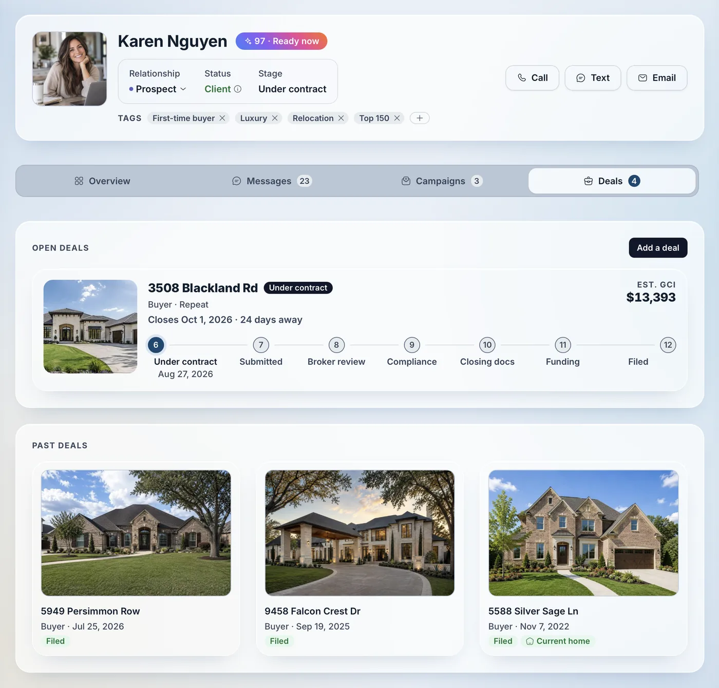 Client File for Karen Nguyen on the Deals tab, with an open deal under contract and three past deals