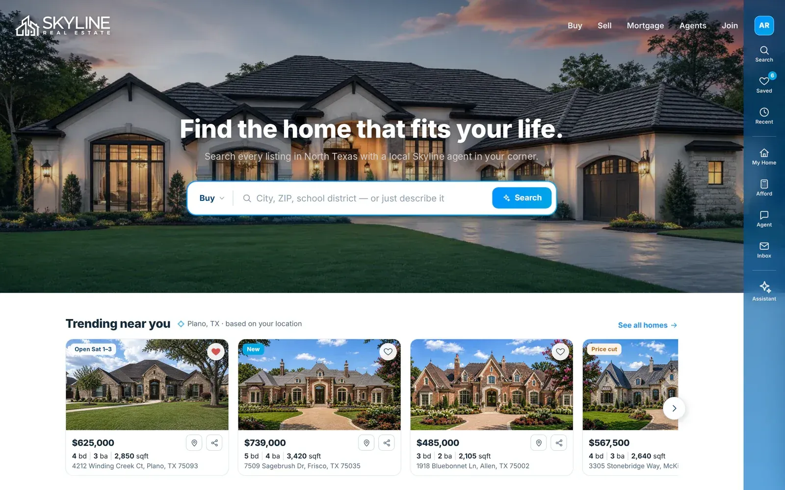Skyline Real Estate consumer website home page with home search